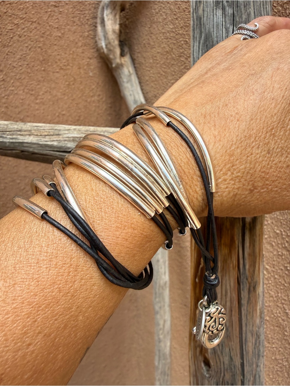 Lizzy James Silver and Black Wrapped Leather Multi-Bar Bracelet